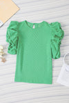 Green Solid Color Ruffle Sleeve Ribbed Blouse