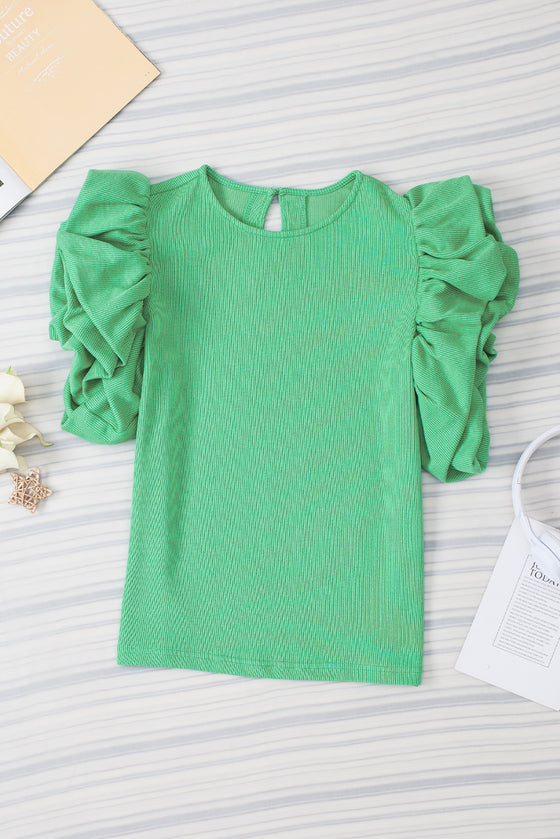 Green Solid Color Ruffle Sleeve Ribbed Blouse