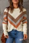 Beige Chevron Casual Drop Shoulder Knit Sweater