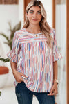 White Striped Abstract Print Ruffle Half Sleeve Blouse