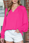 Rose Pleated V Neck Puffy Sleeve Blouse | Available in 2 Colors