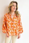 Orange Floral Print Loose Long Sleeve Blouse