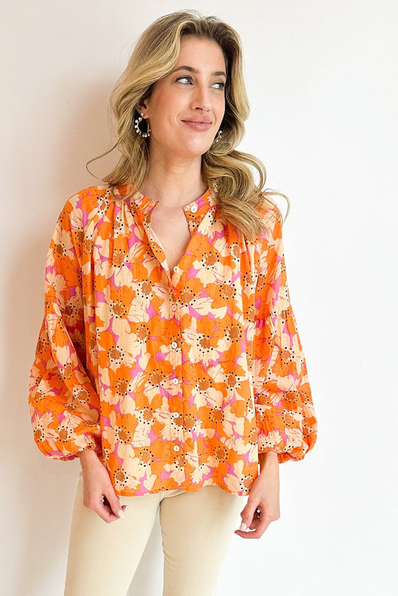 Orange Floral Print Loose Long Sleeve Blouse