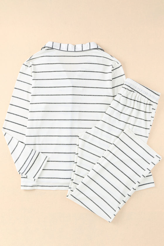 White Striped Print Long Sleeve Top & Drawstring Pants Pajamas Set