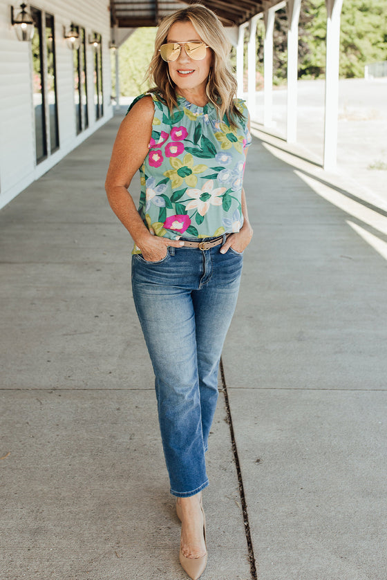 Green Floral Print Ruffle Trim Sleeveless Shirt