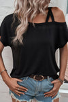 Black Asymmetric Criss Cross Cold Shoulder T Shirt