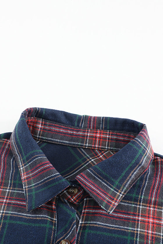 Multicolor Plaid Casual Pockets Asymmetric Long Sleeve Shacket