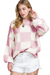 Pink Plaid Bishop Sleeve Pullover Sweater | Available in 3 Colors