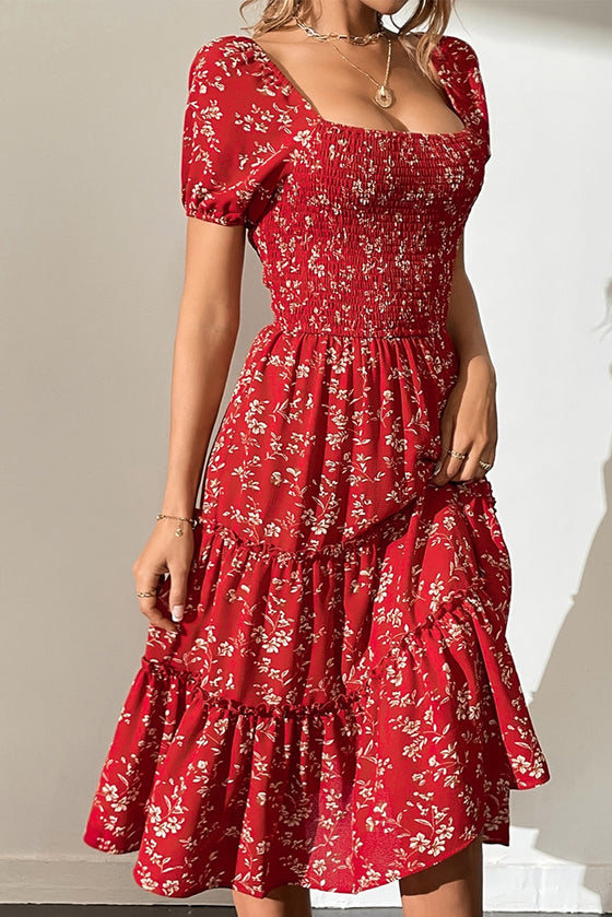 Red Boho Flower Smocked Midi Dress