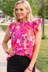 Pink Floral Blouse with Ruffled Sleeves