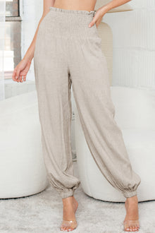  Beige Smocked High Waist Loose Jogger Pants