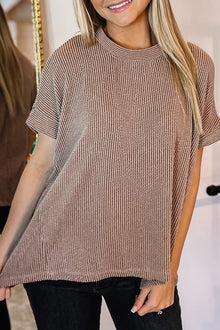  Smoky Brown Corded Textured Crew Neck T Shirt