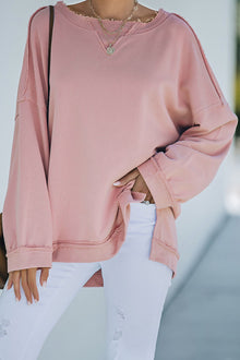  Pink Casual Frayed Trim Side Slit Loose Sweatshirt