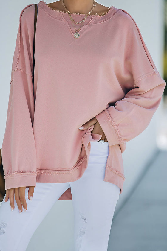 Pink Casual Frayed Trim Side Slit Loose Sweatshirt