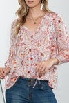 Red Boho Paisley Print Shirred Cuffs Blouse