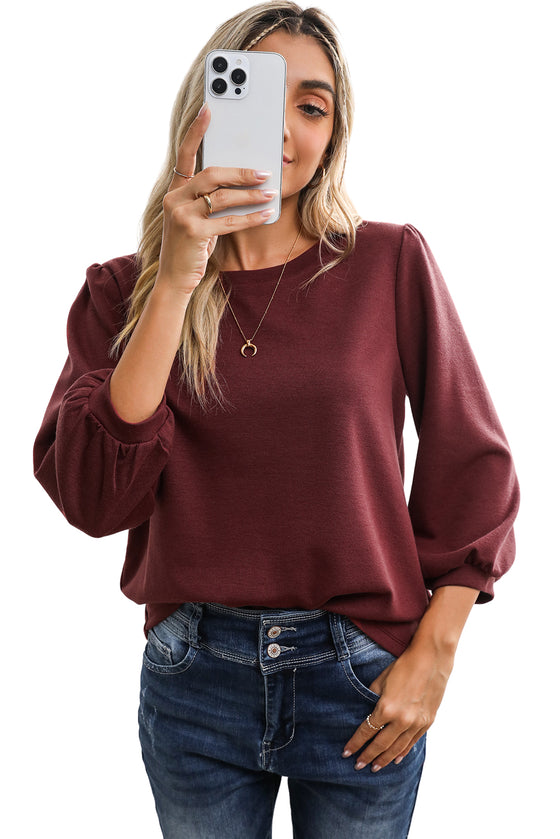 Red Solid Color 3/4 Puff Sleeve Round Neck Top | Available in 3 Colors