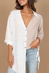 White Colorblock V Neck Collared Side Slits Blouse