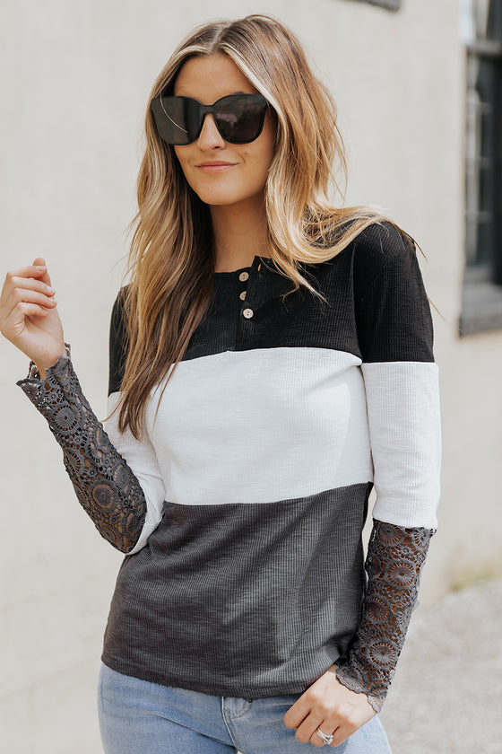 Color Block Ribbed Lace Crochet Sleeves Shirt for Women | Available in 2 Colors