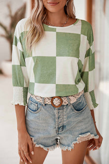  Grass Green Checkered Ruffle with Smocked Cuffs T-Shirt