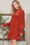 Rose Red Smocked Lantern Sleeve Frilled Velvet Dress | Available in Other Colors