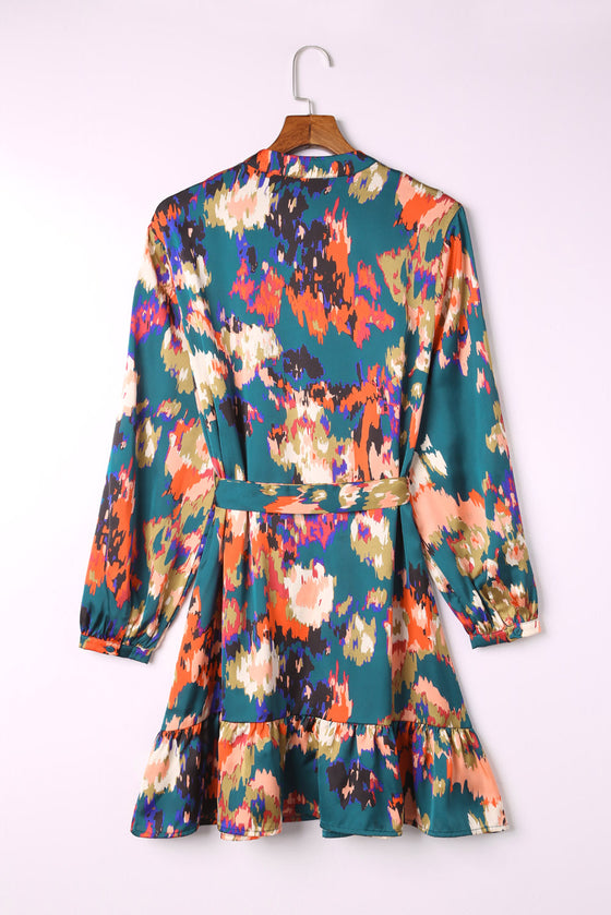 Abstract Print Waist Belted Long Sleeve Dress | Other Colors Available