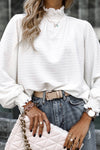 White Smocked Casual Textured Bishop Sleeve Blouse