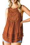 Apricot Casual Contrast Lace Crochet Button Back Sleeveless Shirt