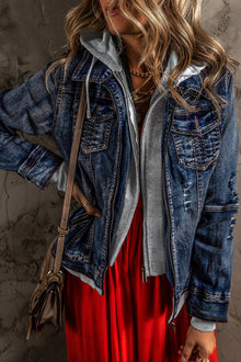  Dark Blue Distressed Fake Two-Piece Hooded Denim Jacket