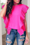 Bright Pink Plain Pleated Ruffle Trim Top