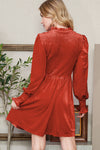 Rose Red Smocked Lantern Sleeve Frilled Velvet Dress | Available in Other Colors