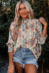 Multicolor Floral Print Shirred Cuffs Frilled Blouse