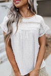 Apricot Swiss Dot Crochet Eyelet Back Button Detail Blouse | Available in 3 Colors