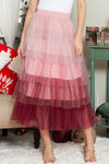 Pink Gradient Mesh Ruffle Tiered Tulle Maxi Skirt