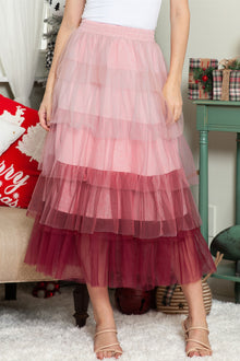  Pink Gradient Mesh Ruffle Tiered Tulle Maxi Skirt