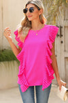 Bright Pink Plain Pleated Ruffle Trim Top