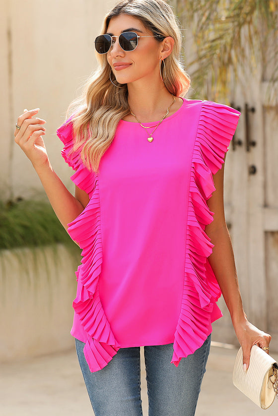 Bright Pink Plain Pleated Ruffle Trim Top