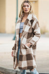 Brown Plaid Lapel Collar Long Open Front Coat