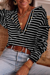 Black and White Striped Snap Button Ruffle Trim Long Sleeve Top