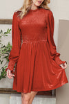 Rose Red Smocked Lantern Sleeve Frilled Velvet Dress | Available in Other Colors