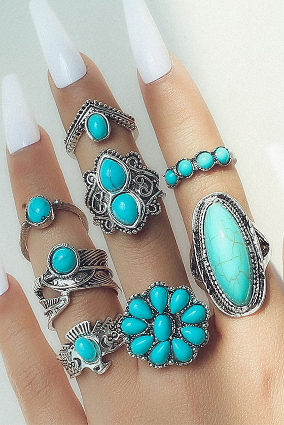 Green 8Pcs Vintage Style Turquoise Ring Set