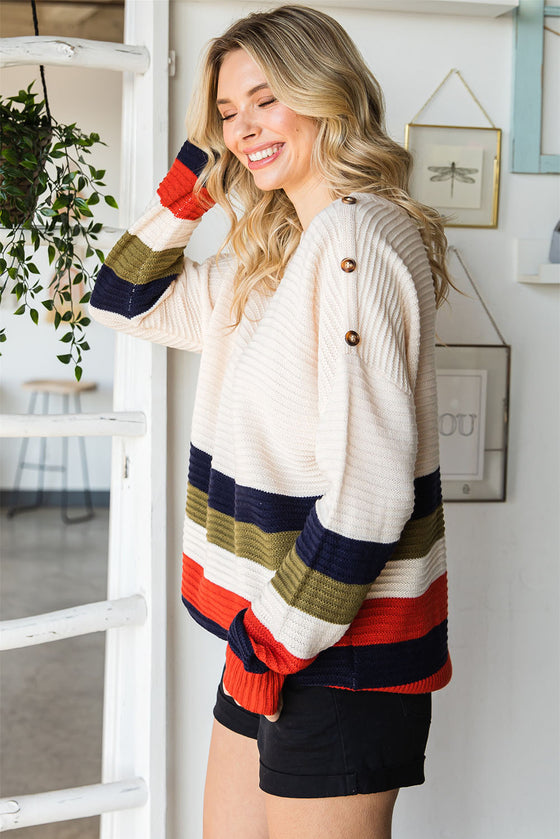 Colorblock Striped Button Drop Shoulder Pullover Sweater | Available