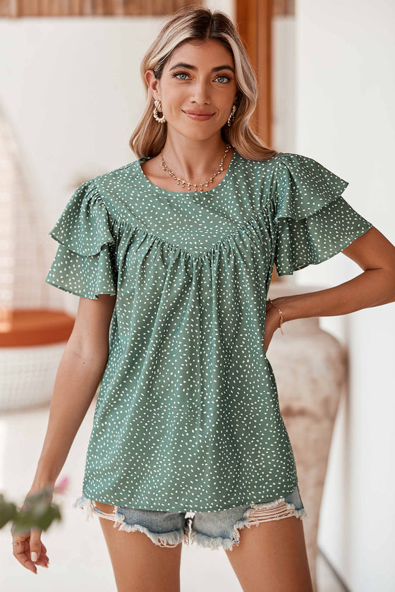 Spotted Print Pleated Ruffle Sleeve Blouse | Available in 3 Colors