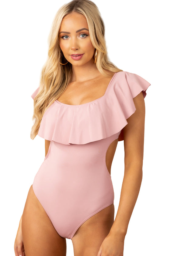 Pink Ruffle Overlapping Backless One-Piece Swimwear