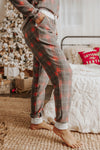 Grey Plaid Button V Neck Top & Drawstring Pants Loungewear Set