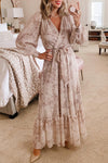 Leopard Surplice V Neck Bubble Sleeve Sash Maxi Dress | Available in 2 Colors