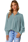 Khaki Solid Color Casual Button Up Puff Sleeve Pleated Shirt | Available in Other Colors