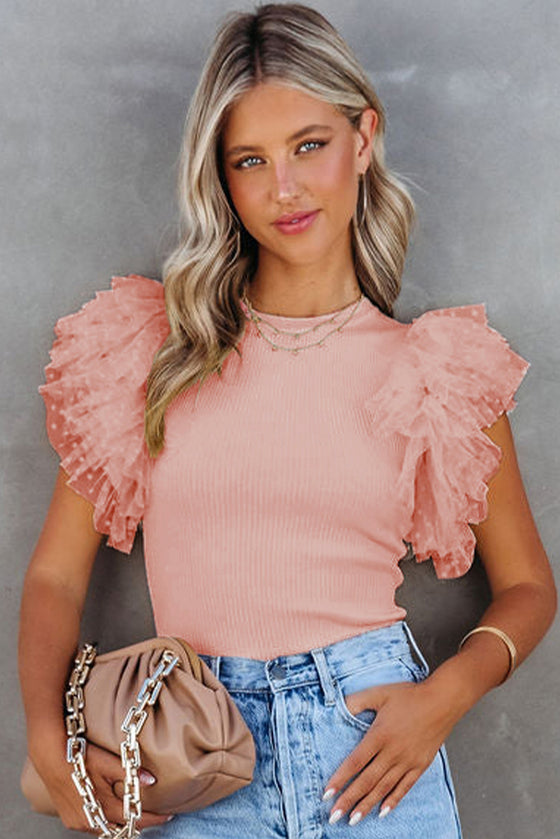 Pink Ruffle Ribbed Knit Top | Available in 3 Colors