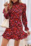 Red Valentine's Day Heart Print Ruffle Long Sleeve Mini Dress