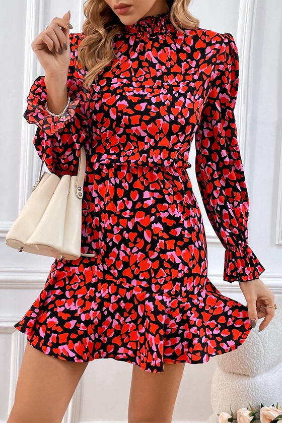 Red Valentine's Day Heart Print Ruffle Long Sleeve Mini Dress