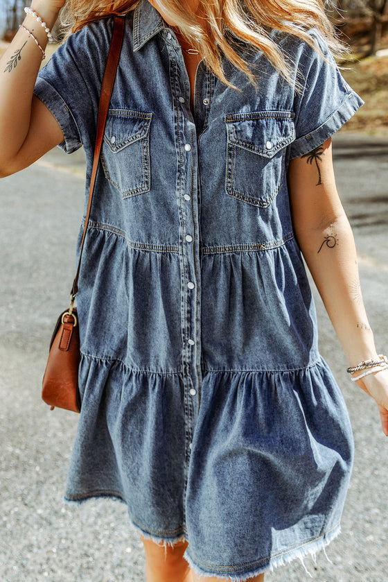 Blue Button Up Short Sleeve Denim Shirt Dress